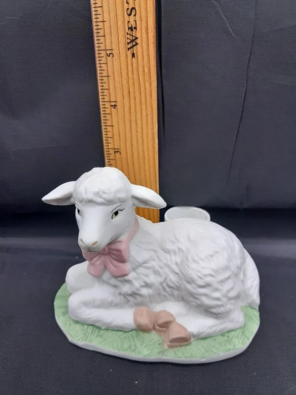 (2) WHITE LAMB PORCELAIN BISQUE TAPER CANDLE HOLDERS SPRING SUMMER EASTER VTG.